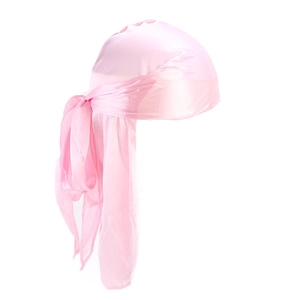 Pink silk-like durag headwrap for men and women featuring long straps and smooth satin finish