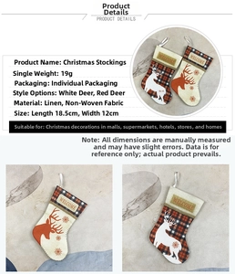 Detail view of small burlap Christmas stockings with deer patterns and size measurements