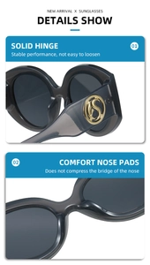 Detail of grey transparent sunglasses with sturdy hinges and gold circle temple logo