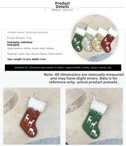 Close-up of mini Christmas stockings with elk pattern and white faux fur trim details