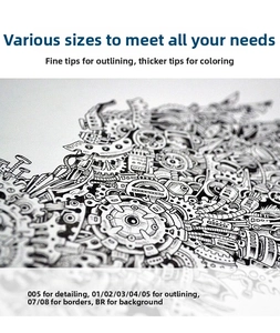 Waterproof fineliner pens showing various tip sizes for detailed mechanical sketching