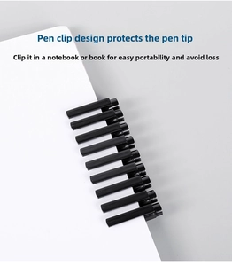 Detail showing 10 black waterproof pen clips attached to a notebook for tip protection