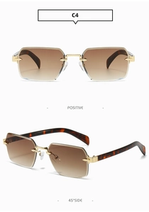 Détail de lunettes de soleil carrées sans monture avec verres dégradés et charnières