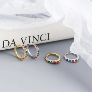 Minimalist S925 sterling silver hoop earrings with colorful zircon gemstones in gold and silver