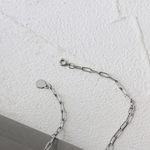 Detailed macro view of silver paperclip chain link and spring ring clasp closure