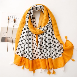 Lightweight cotton linen long scarf in yellow and white with heart pattern and tassels