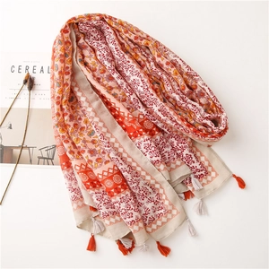 Ethnic style floral cotton shawl scarf with orange tassels and bohemian geometric patterns