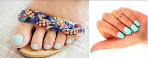 Dual-use infinity symbol rings in gold and silver finish shown on fingers and toes