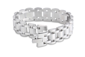 Detailed view of silver stainless steel chain bracelet with watch band style link design