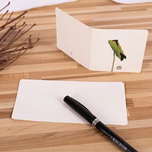 Minimalist Chinese Zen greeting card with lotus leaf illustration and Wu stamp on wood table