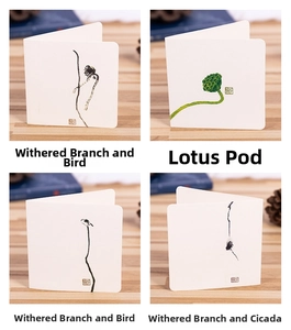 Set of four Chinese ink art style greeting cards with nature motifs on wood texture