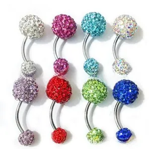 Macro view of crystal belly button rings in eight colors with double rhinestone balls