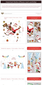 Christmas wall stickers detail showing snowflakes, Santa, and layout dimensions for window decor