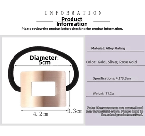 Detailed size specifications for brushed metal hair tie showing dimensions and gold finish