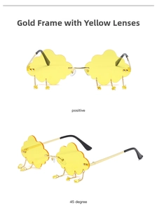 Detail view of cloud-shaped sunglasses with gold frame, yellow lenses and hanging drops