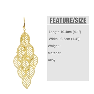 Detailed dimensions of long gold leaf tassel earrings in alloy metal showing 10.4cm length