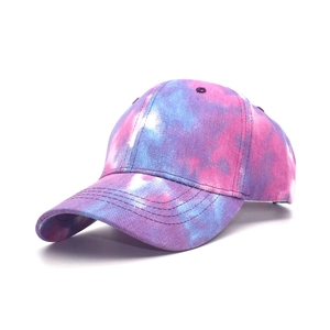 Tie-dye baseball cap with metallic pearl finish in pink, blue, and purple hues