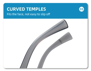 Detailed view of grey translucent curved temples for non-slip ergonomic sunglasses fit