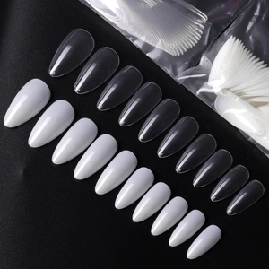 Long almond clear and white full cover fake nail tips set for professional manicure