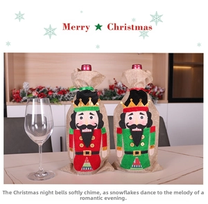 Close-up of burlap Christmas wine bottle covers with nutcracker soldier patchwork design