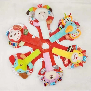 Set of 6 colorful plush animal rattles with soft handles and squeakers for baby early education