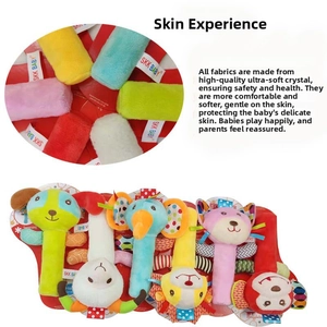 Detail of soft crystal plush fabric and diverse animal plush rattles for babies
