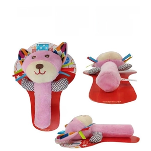 Pink kitten baby rattle plush toy with squeaker made from soft crystal fabric