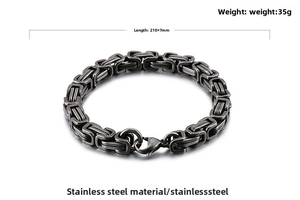 Detail showing 210x7mm stainless steel Byzantine chain bracelet with dimensions and 35g weight