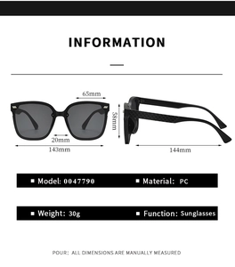 Tableau détaillé des tailles de lunettes de soleil carrées avec monture PC et dimensions