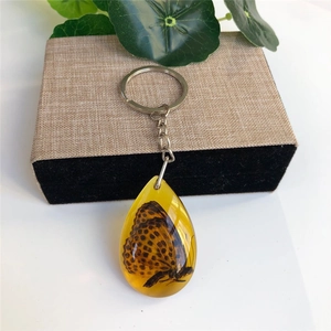 Macro detail of tear-shaped resin pendant with a real butterfly specimen inside