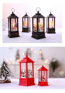 Close-up of bronze and red Christmas lanterns with festive LED reindeer patterns