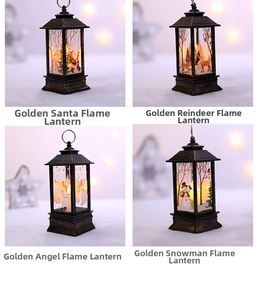 Detail of four retro bronze Christmas lanterns with LED flame and holiday illustrations