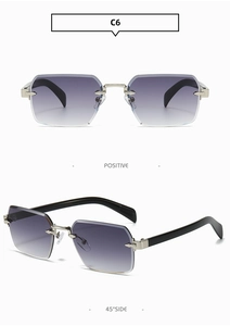 Détails de lunettes de soleil carrées sans monture avec verres dégradés violets et pont