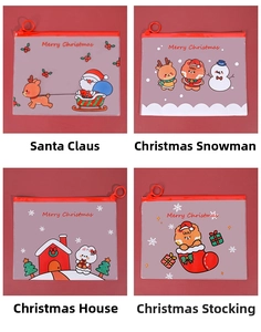 Detail of Christmas zipper bags with four cartoon patterns and red hanging rings