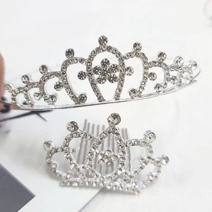 Detail view of silver rhinestone tiaras featuring a headband style and a mini hair comb design