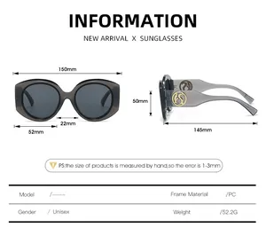 Detailed size specifications for unisex plastic round frame oversized sunglasses with metal logo