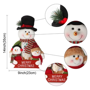 Three plush Christmas snowman figures with Merry Christmas text and size specifications