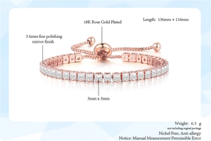 Detail view of 18K rose gold plated bracelet with 3mm square zircons and size specifications