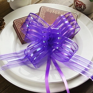 Close-up of a purple organza pull bow with iridescent stripes for wedding gift wrapping