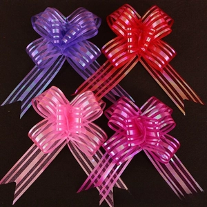 Detail of 5cm striped organza pull bows in purple, red, pink, and rose for gift wrapping