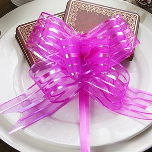 Close-up of a large 5cm purple striped organza ribbon bow for wedding gift wrapping
