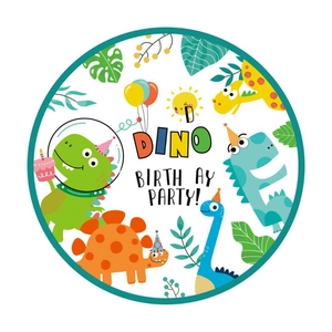 Cute green dinosaur birthday party stickers featuring cartoon dinos and festive party hats