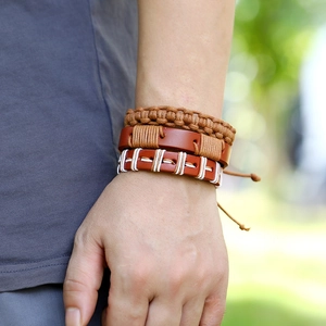Retro 3-piece braided leather bracelet set for men in brown and khaki natural tones