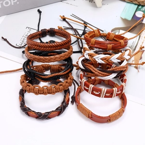 10-piece vintage braided leather bracelet set for men with adjustable cords in multiple colors