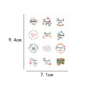 Detailed view of 12 round floral Thank You stickers with 9.4cm x 7.1cm size markings