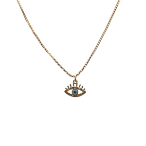 Golden Evil Eye pendant necklace with multi-colored gemstones on a box chain