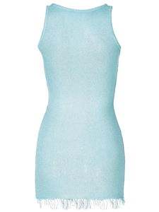 Close-up of light blue knitted dress featuring shimmering metallic threads and fringe hem