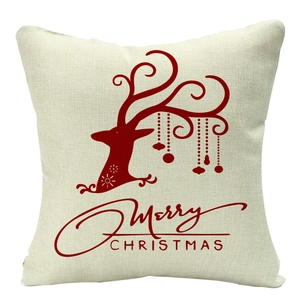 Housse de coussin de Noël en lin avec bois rouges et texte Merry Christmas sur beige