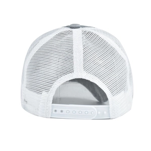 Detail view of the breathable white mesh back and adjustable snapback on a trucker hat