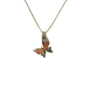 Golden necklace featuring a vibrant butterfly pendant set with multi-colored gemstones
